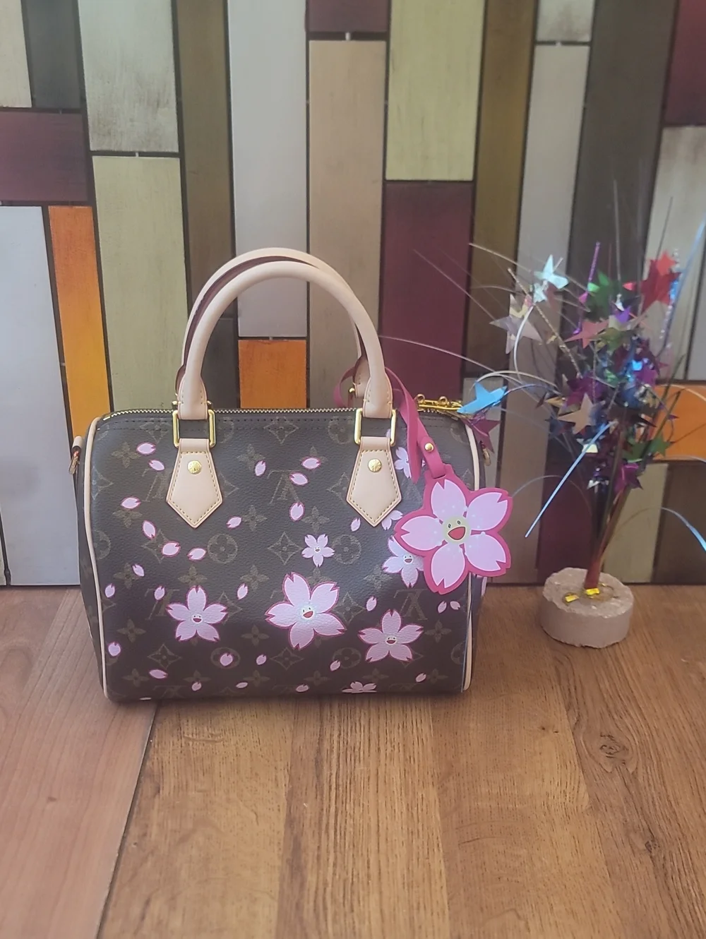 Designer-Style Brown Handbag with Pink Floral Print